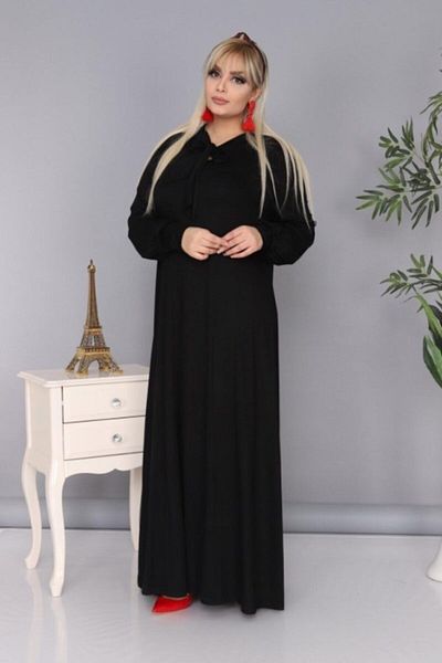 MELSAY Women's Black Scarf Detailed Long Sleeve Hijab Dress