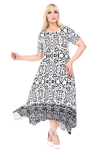 MELSAY Γυναικείο κοντομάνικο ασπρόμαυρο φόρεμα με ασύμμετρο κόψιμο σε μεγάλο μέγεθος