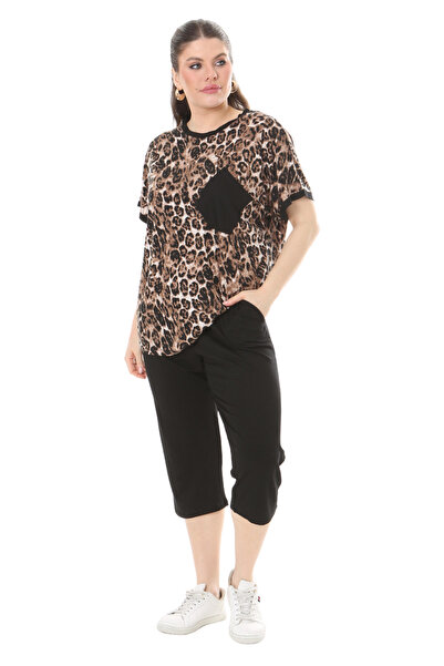 MELSAY Γυναικείο σετ Capri με κοντό μανίκι τσέπη με μαύρο σχέδιο λεοπάρ