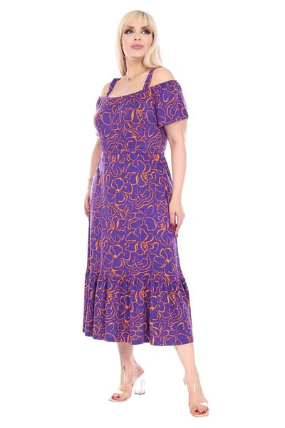 MELSAY Rochie midi cu guler Madonna, mov, cu umăr dezactivat, cu flori