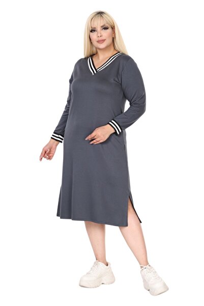 MELSAY V-Neck Striped Anthracite Sweat Dress - Women's Plus Size