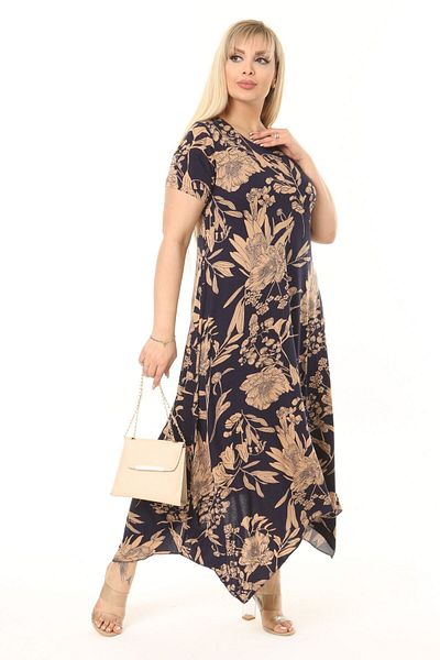 MELSAY Γυναικείο ασύμμετρο κοντομάνικο φόρεμα Navy Blue Tropic Print Plus Size