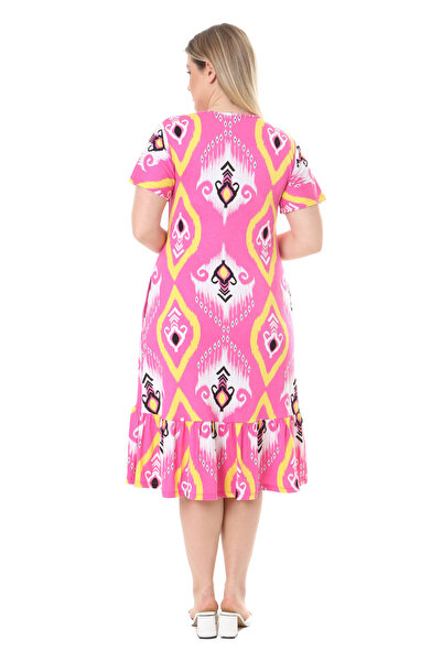 MELSAY Γυναικείο φόρεμα με κοντό μανίκι με λαιμόκοψη σε σχήμα V με ροζ δαμασκένιο σχέδιο