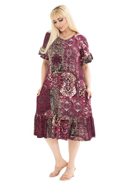 MELSAY Rochie de damă cu model etnic burgundă cu detaliu cu volane pe mâneci și fustă