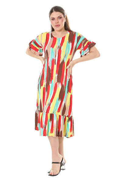 MELSAY Women's Plus Size Ruffle Pocket Short Sleeve Yellow Oil Painting Pattern Midi Dress