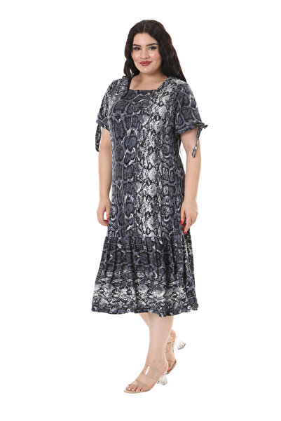 MELSAY Gray Snake Pattern Plus Size Dress - Rope Tied Sleeves