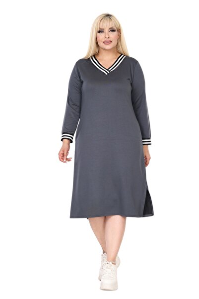 MELSAY V-Neck Striped Anthracite Sweat Dress - Women's Plus Size