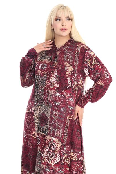 MELSAY Μπορντό Ethnic Print Hijab Φόρεμα - Μακρύ μανίκι και λαιμόκοψη