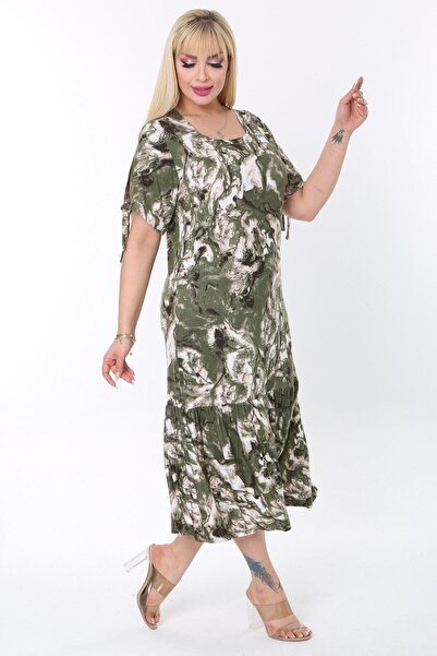 MELSAY Πράσινο μοτίβο γραβάτας - μανίκια δεμένα με σχοινί Γυναικείο φόρεμα μεγάλου μεγέθους