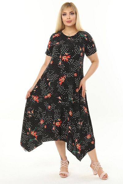 HERAXL Asymmetrical Cut Orange Lily Pattern Dress