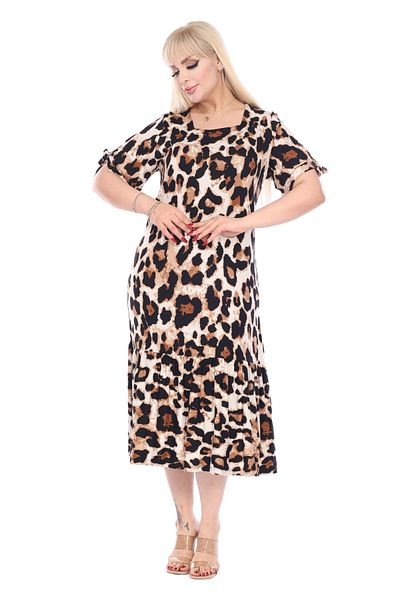 MELSAY Women's Beige Square Collar Sleeves Lacing Detailed Panther Pattern Large Size Midi Dress