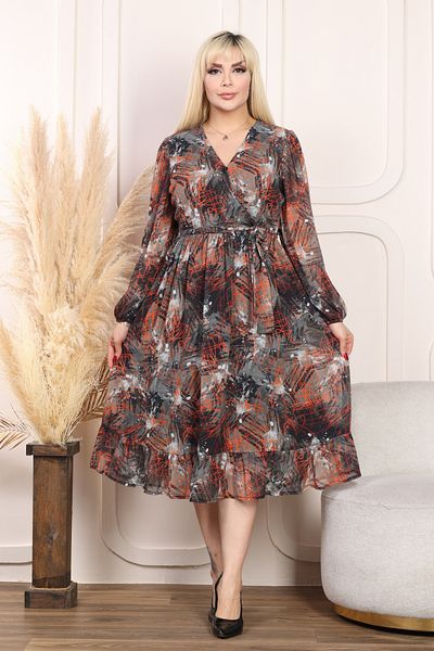 MELSAY Women's Plus Size Patterned Double Breasted Collar Long Sleeve Chiffon Dress
