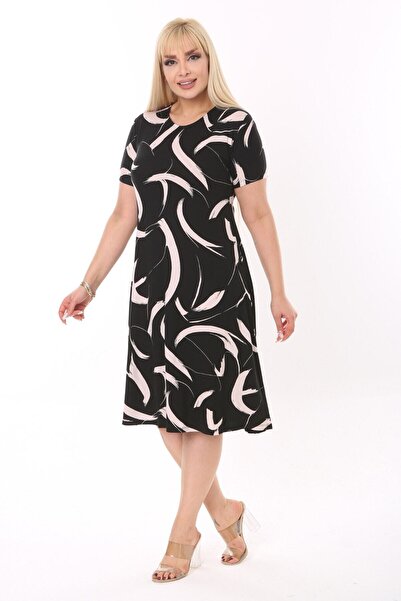 MELSAY Women's Plus Size Short Sleeve White Feather Pattern Midi Dress