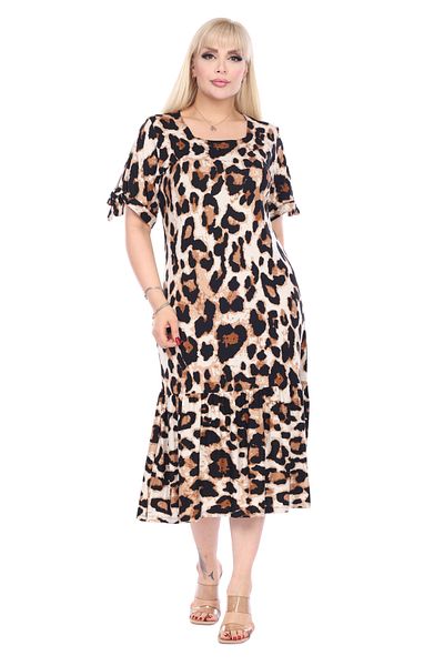 MELSAY Women's Beige Square Collar Sleeves Lacing Detailed Panther Pattern Large Size Midi Dress