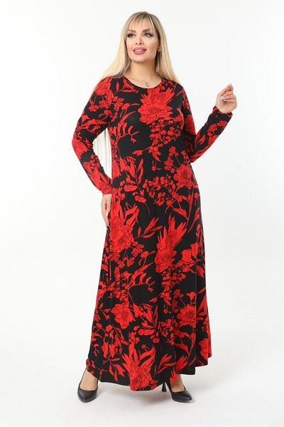 MELSAY Women's Long Sleeve Red Palm Pattern Plus Size Long Dress