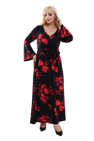 MELSAY Women's Plus Size Crepe Double Breasted Collar Black Poppy Pattern Women's Long Dress