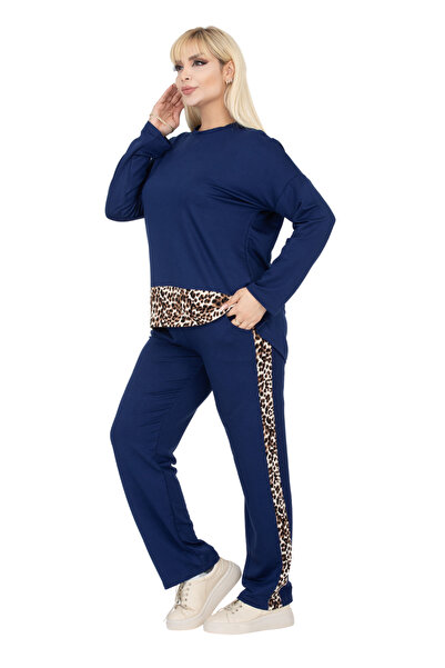 MELSAY Дамски тъмносин комплект анцуг с леопардово райе с детайли