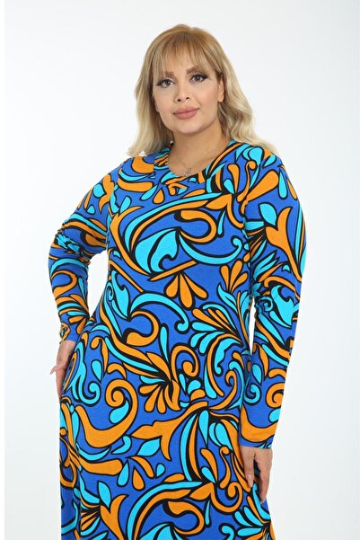 HERAXL Women's Turquoise Orange Patterned Collared Plus Size Dress