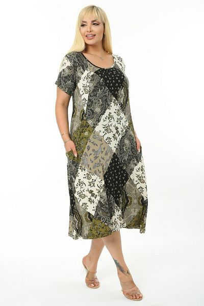 MELSAY Khaki Patchwork Pattern Gathered Collar Pocket Dress