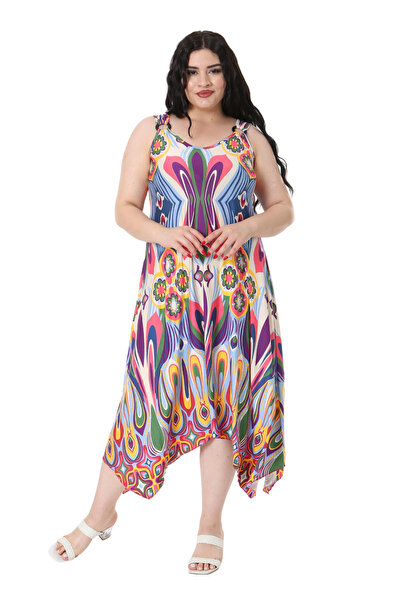 MELSAY Beige Blue Patterned Women's Dress with Buckle Detail