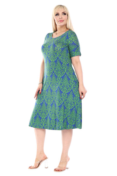 MELSAY Women's Large Size Short Sleeve Green Kilim Pattern Midi Dress