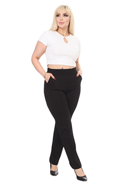 MELSAY Women's Black Front Grass High Waist Pocket Original Steel Interlock Large Size Trousers