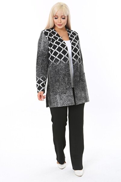 MELSAY Plus Size Gray Diamond Pattern Interlock Knitted Short Cardigan