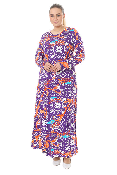 MELSAY Γυναικείο μακρυμάνικο χιτζάμπ φόρεμα με μωβ ρετρό σχέδιο