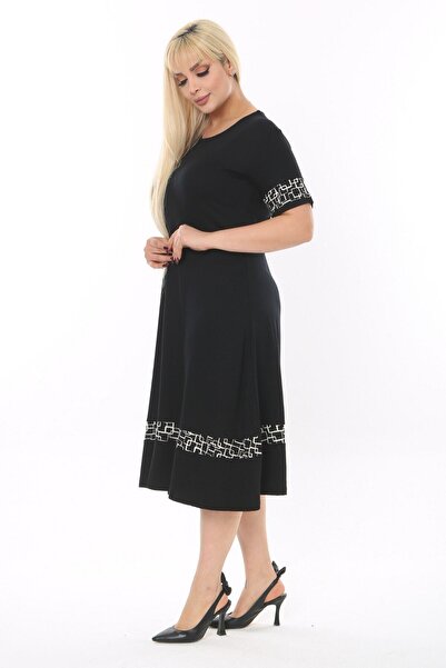 MELSAY Γυναικεία μαύρη κοντομάνικη φούστα με καρό ριγέ μοτίβο Plus Size Midi φόρεμα