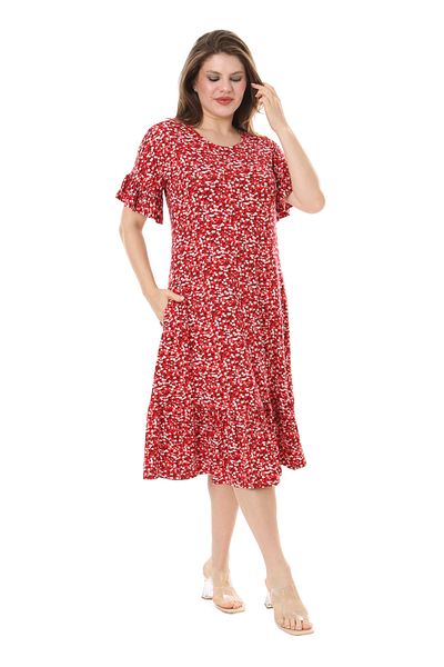 MELSAY Women's Plus Size Ruffle Pocket Short Sleeve Red Crisp Print Dress