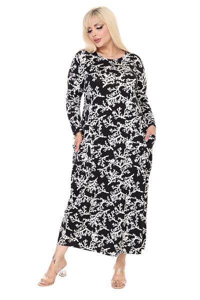 MELSAY White Coral Print - Large Size Women's Dress with Long Sleeves and Pockets