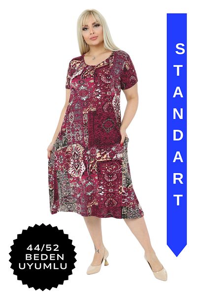 MELSAY Rochie de damă marime mare roșu claret cu model etnic, cu potrivire standard, rochie din viscoză 44-52 Gama de mărimi
