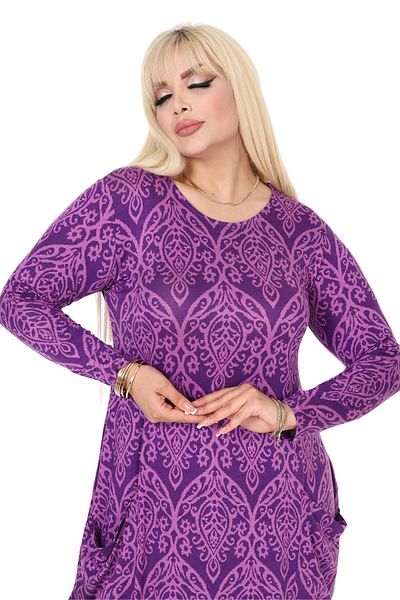 MELSAY Plus Size - Μωβ Δαντελένιο Μακρυμάνικο Φόρεμα με τσέπες