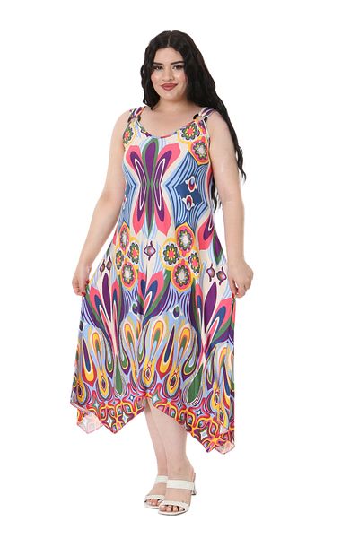 MELSAY Beige Blue Patterned Women's Dress with Buckle Detail