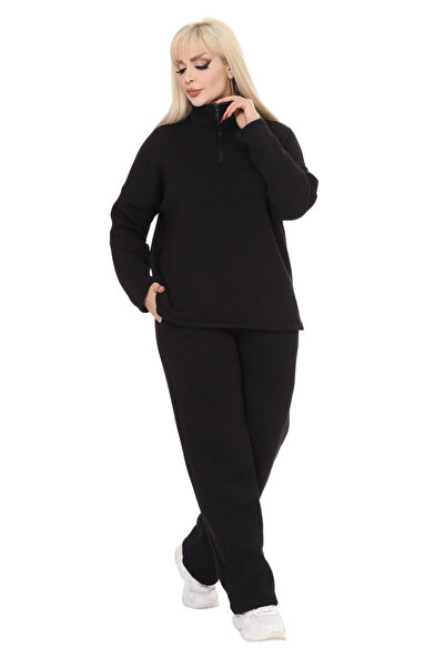 MELSAY Дамски черен анцуг с три нишки с половин цип и голям размер