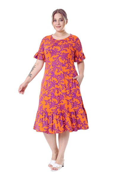 MELSAY Plus Size Orange Purple Print Dress with Ruffles and Pockets