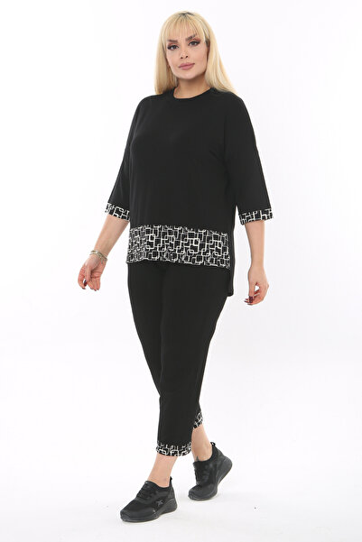 MELSAY Women's Black Checkered Stripe Detail Elastic Waist Large Size Bottom-Top Set