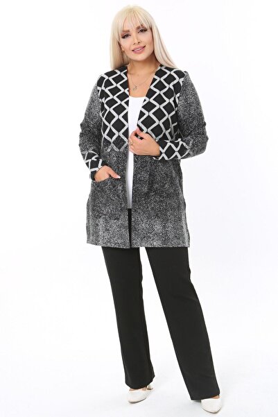 MELSAY Plus Size Gray Diamond Pattern Interlock Knitted Short Cardigan