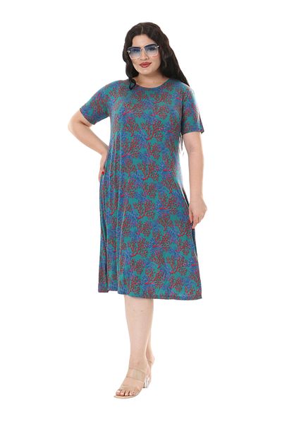 MELSAY Γυναικείο Μπλε Μίντι Φόρεμα Plus Size - Κοντό μανίκι και κοραλί στάμπα