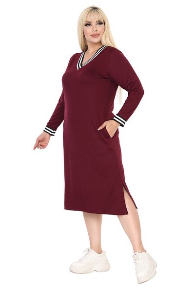 MELSAY Rochie de damă, mărime mare, bordeaux, cu decolteu în V, cu dungi