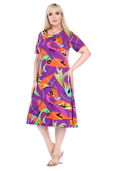 MELSAY Women's Plus Size Crew Neck Purple Fish Pattern Midi Dress