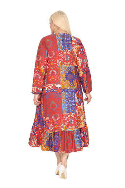 MELSAY Women's Winter Plus Size V Neck Red Ethnic Pattern Robe Dress