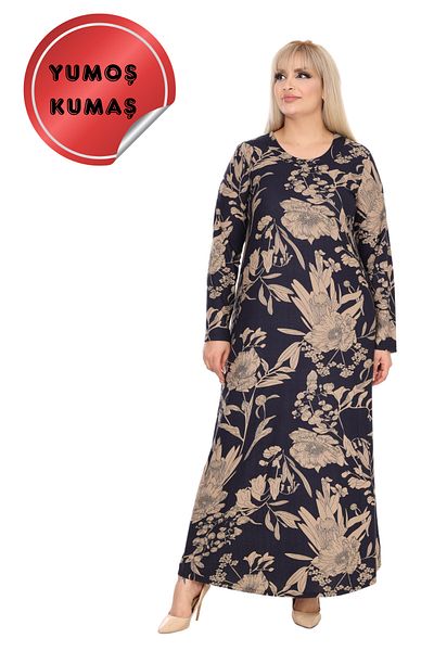 MELSAY Women's Winter Large Size Navy Blue Patterned Soft Knitted Hijab Dress