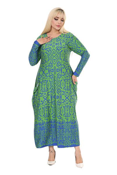 MELSAY Women's Green Blue Kilim Pattern Long Sleeve Pocket Long Dress