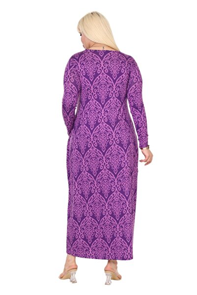 MELSAY Plus Size - Purple Lace Patterned Long Sleeve Pocket Dress