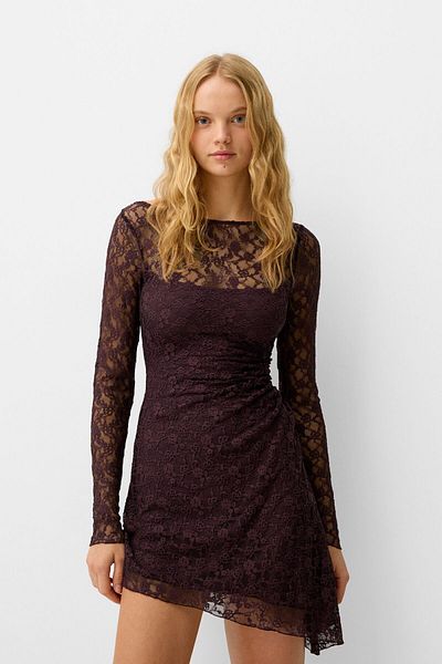 Bershka Blonde lace long sleeve mini dress