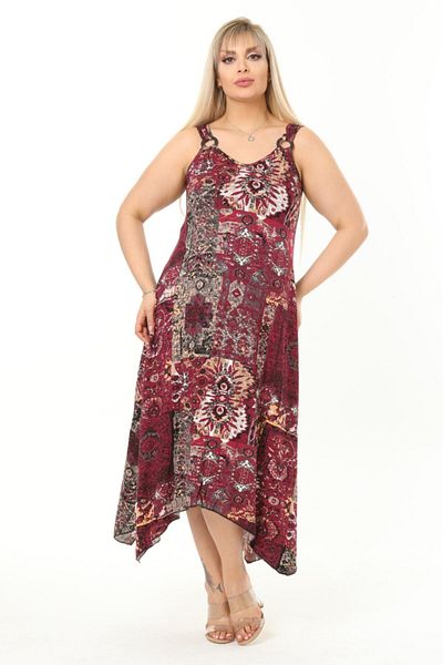 HERAXL Women's Burgundy Ethnic Pattern Buckle Detailed Strap Dress
