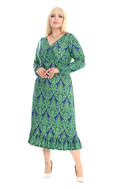 MELSAY Women's Winter Double-Breasted Collar Green Lace Patterned Skirt Ruffle Dress