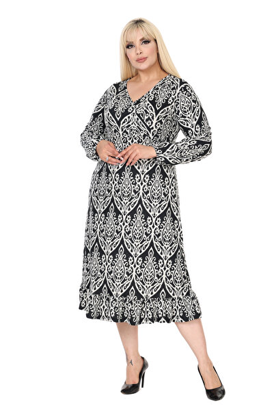 MELSAY Γυναικείο χειμωνιάτικο φόρεμα με βολάν με διπλό γιακά με λευκή στάμπα με δαντέλα