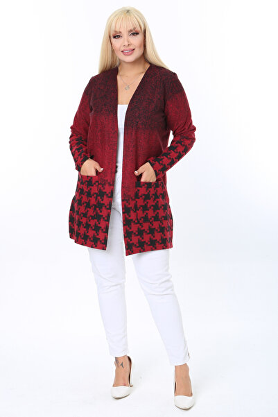 MELSAY Plus Size Red Houndstooth Pattern Interlock Knitted Short Cardigan